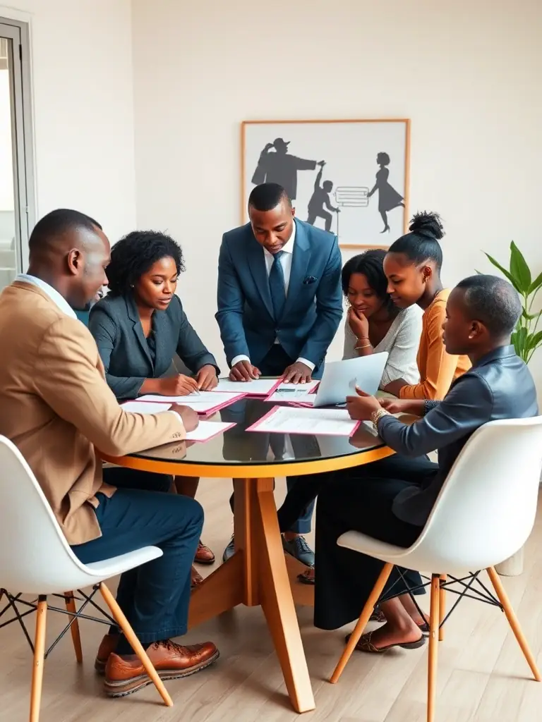 A family in South Africa discussing their financial future with a fibreio.uno wealth management consultant in a modern office setting, symbolizing wealth management solutions.