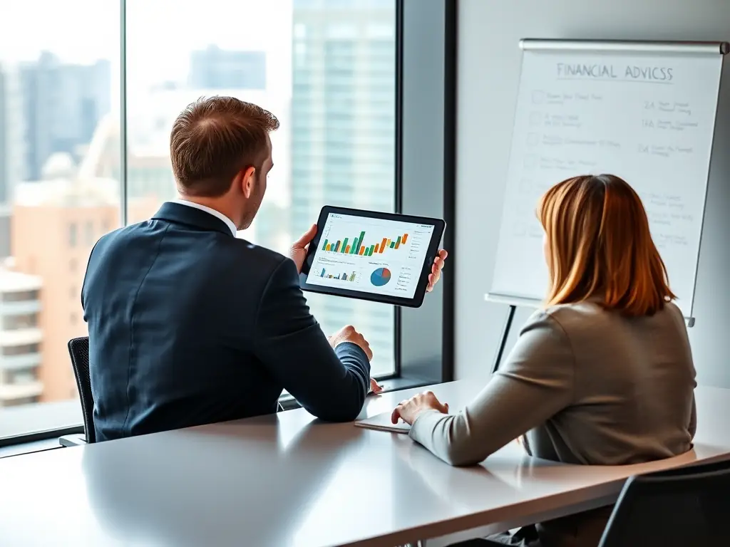 An image showing a financial advisor explaining wealth management options to a client using a tablet, with a focus on retirement planning.