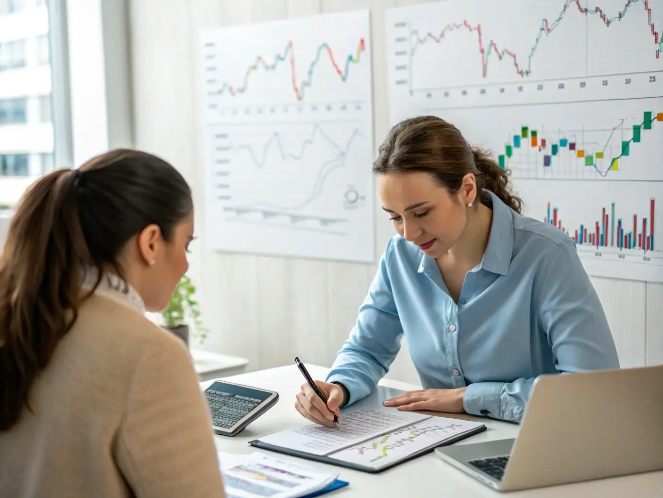 An image of a financial coach guiding a client through financial goal setting, using visual aids and a supportive approach.