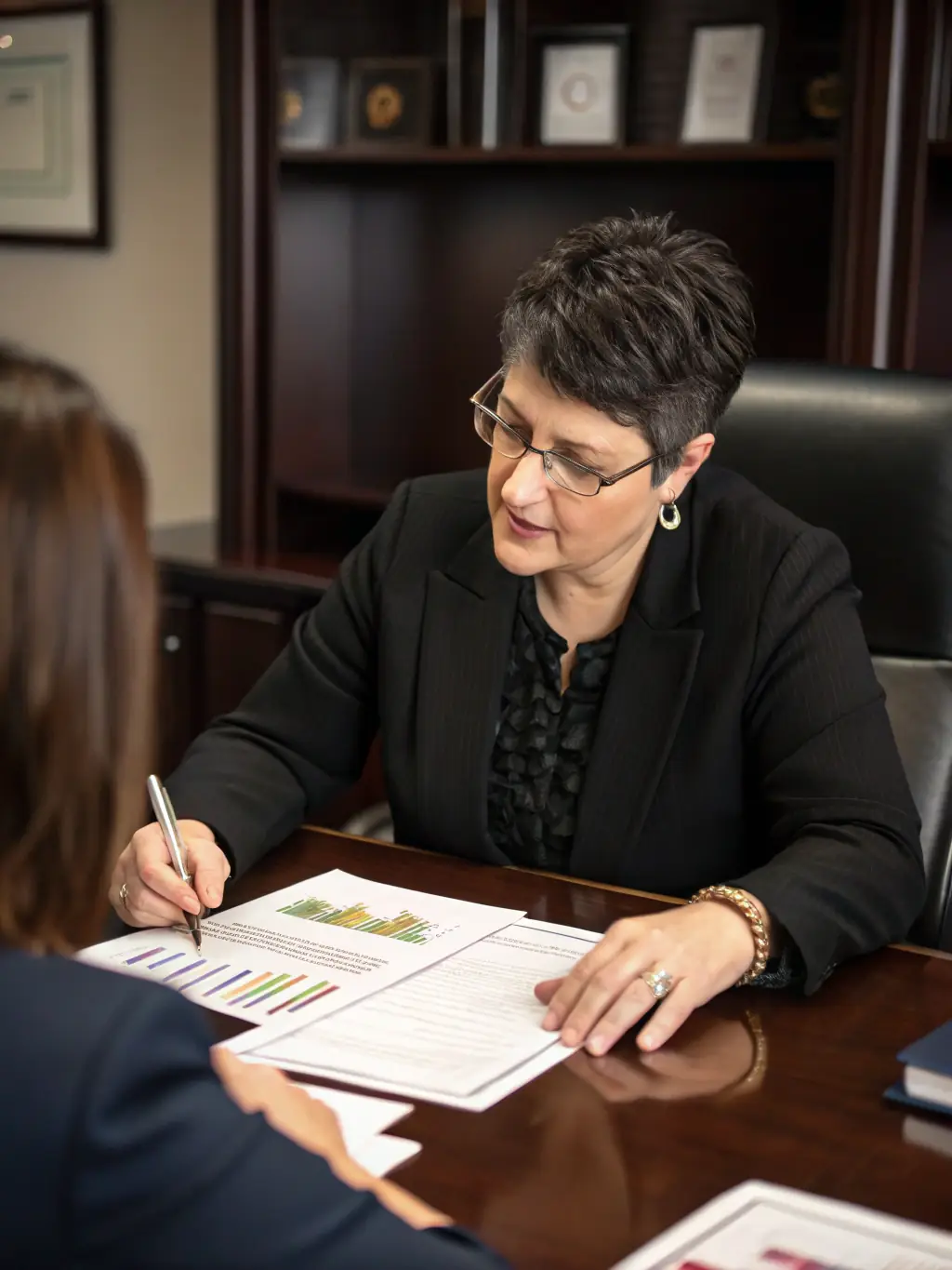 A professional South African financial advisor analyzing market data on a computer screen, with charts and graphs visible in the background, representing investment strategy planning.