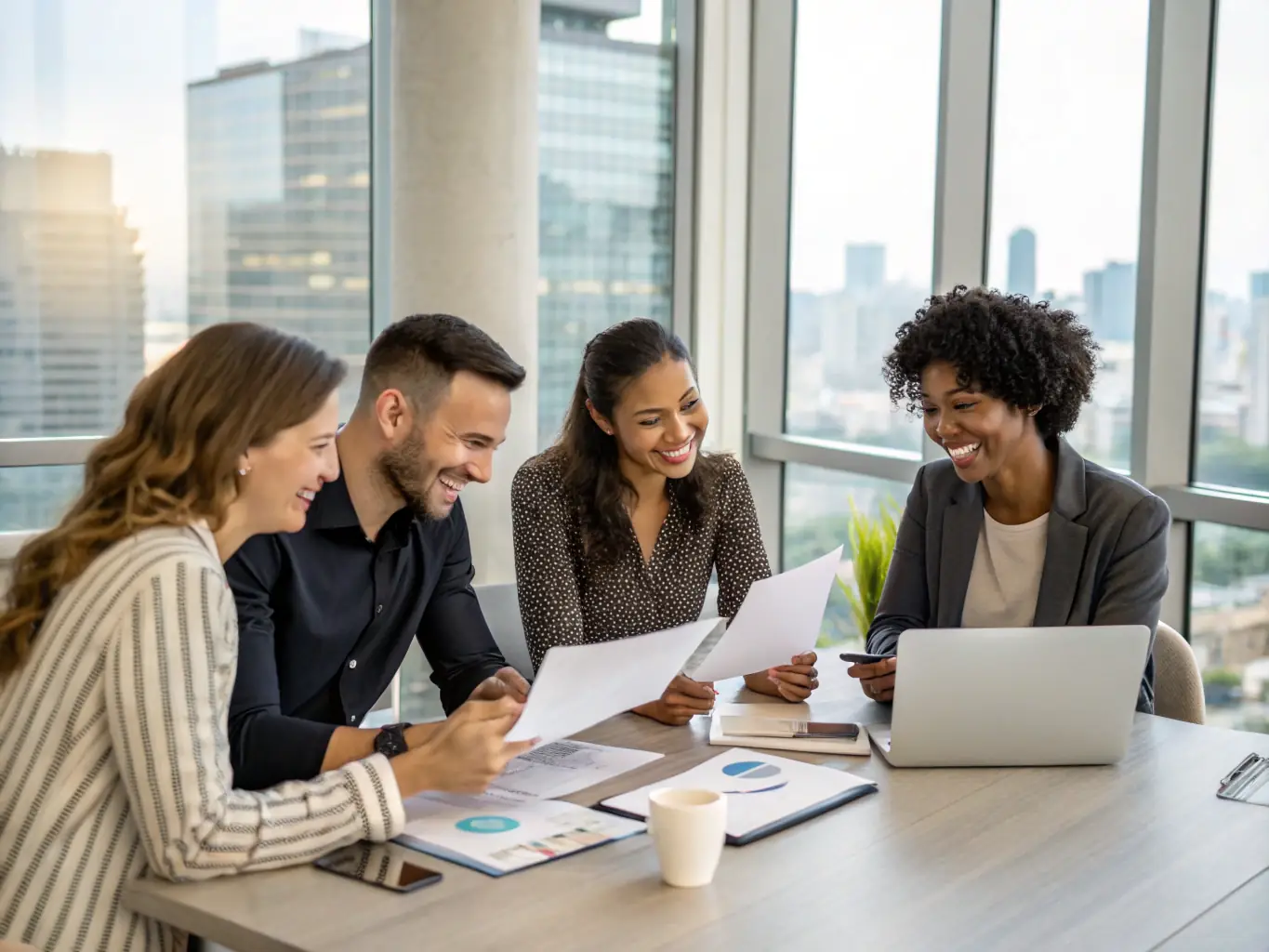 An image depicting a diverse group of South African professionals collaborating on financial planning in a modern office, with the Johannesburg skyline visible in the background.