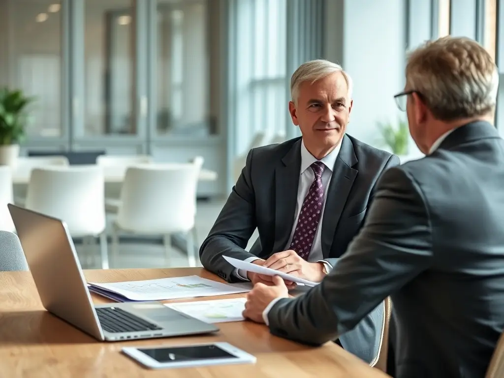 A professional financial advisor reviewing wealth management documents with a client in a modern office setting.