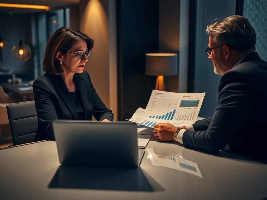 A coach conducting a one-on-one session with a client, reviewing financial goals on a tablet.