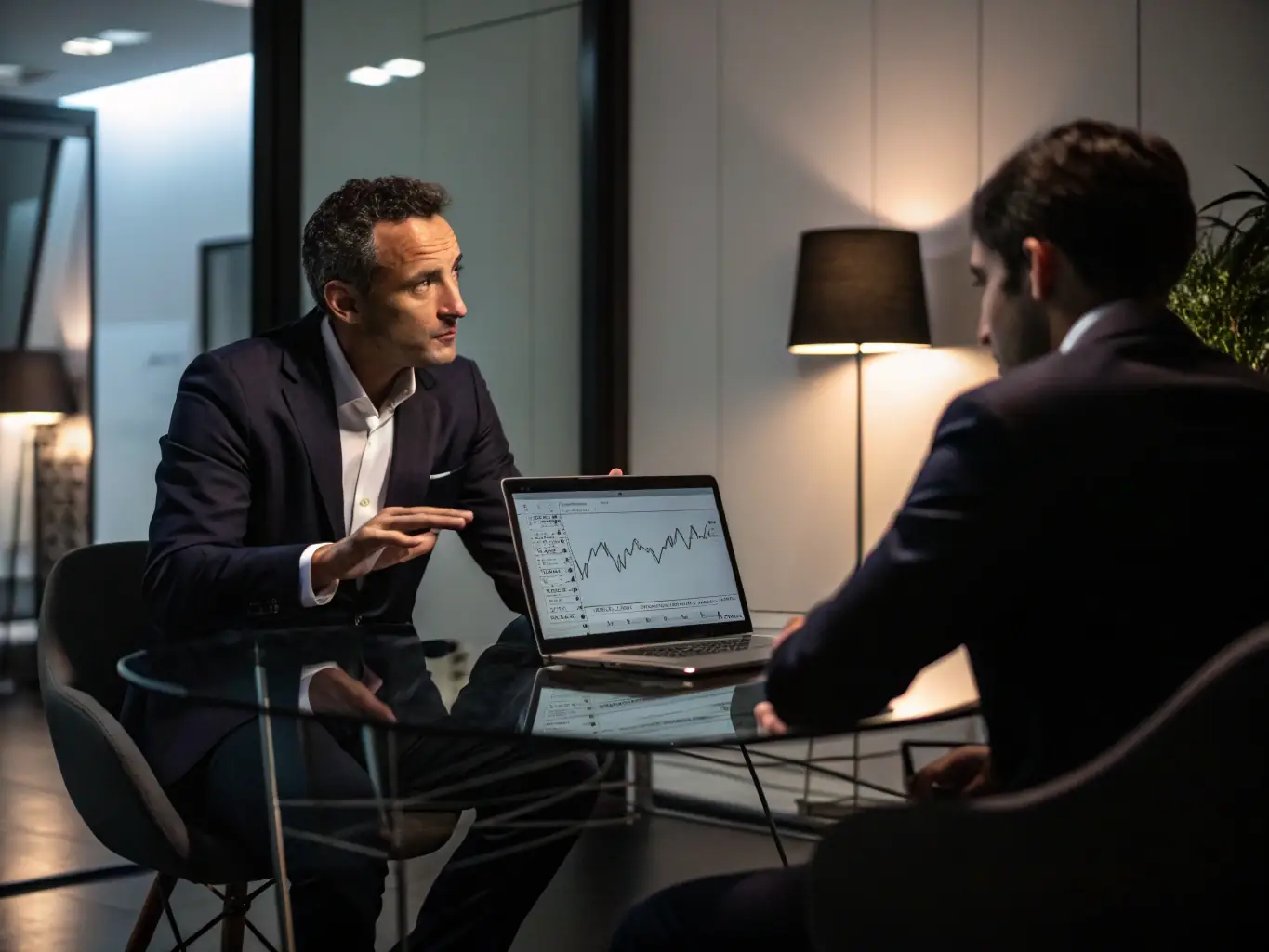 An image of a financial advisor discussing investment charts with a client, with South African cityscape in the background.